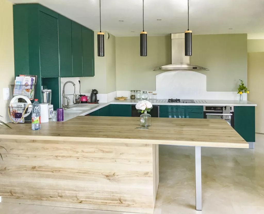 Cuisine ouverte avec îlot en bois et façades vertes – rénovation d’appartement dans le Rhône, AEA Architecte Constructeur