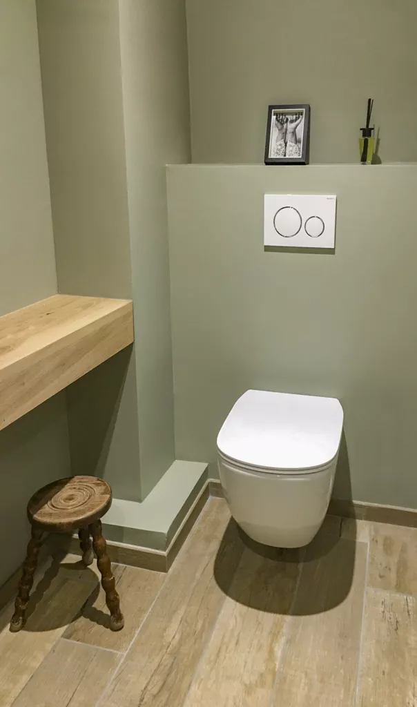 WC suspendu et mur vert sauge – rénovation d’appartement dans le Rhône, AEA Architecte Constructeur